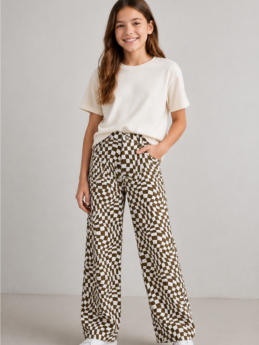 Tween Diva Wide Leg Denim Checkered Print Size 12 Girls Pants